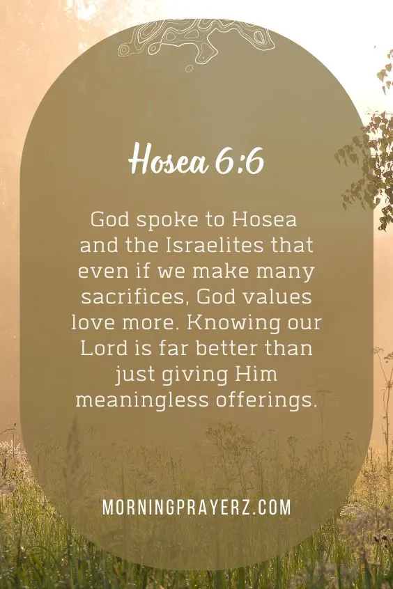 Hosea 6:6 KJVGod spoke to Hosea and the Israelites that even if we make many sacrifices, God values love more. Knowing our Lord is far better than just giving Him meaningless offerings.