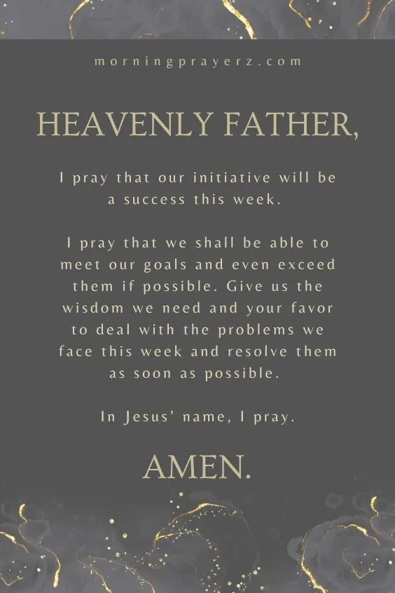 Heavenly Father, I pray that our initiative will be a success this week. I pray that we shall be able to meet our goals and even exceed them if possible. Give us the wisdom we need and your favor to deal with the problems we face this week and resolve them as soon as possible. In Jesus&rsquo; name, I pray. Amen.