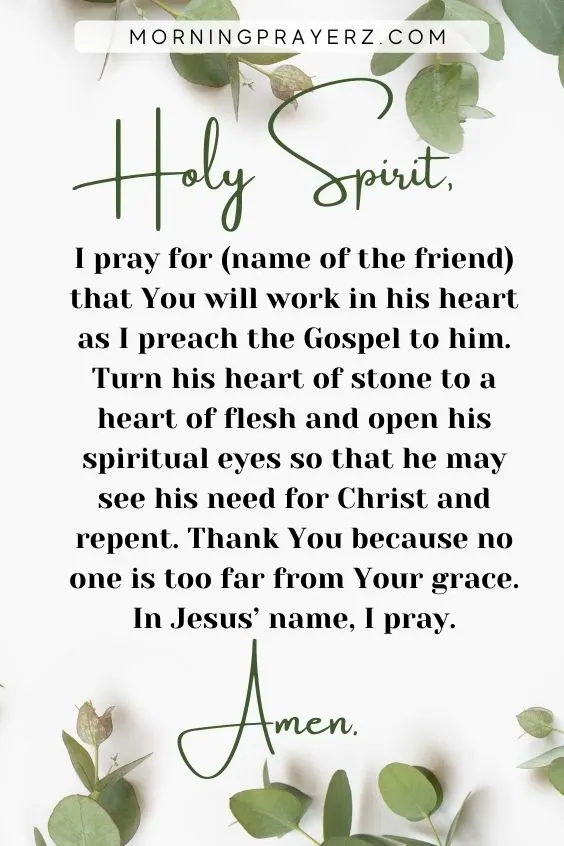 Holy Spirit, I pray for (name of the friend) that You will work in his heart as I preach the Gospel to him. Turn his heart of stone to a heart of flesh and open his spiritual eyes so that he may see his need for Christ and repent. Thank You because no one is too far from Your grace. In Jesus&rsquo; name, I pray. Amen.