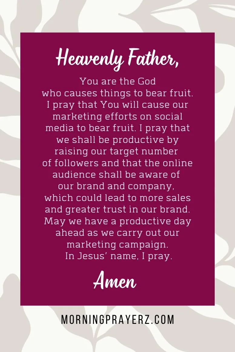 Heavenly Father, You are the God who causes things to bear fruit. I pray that You will cause our marketing efforts on social media to bear fruit. I pray that we shall be productive by raising our target number of followers and that the online audience shall be aware of our brand and company, which could lead to more sales and greater trust in our brand. May we have a <a href=