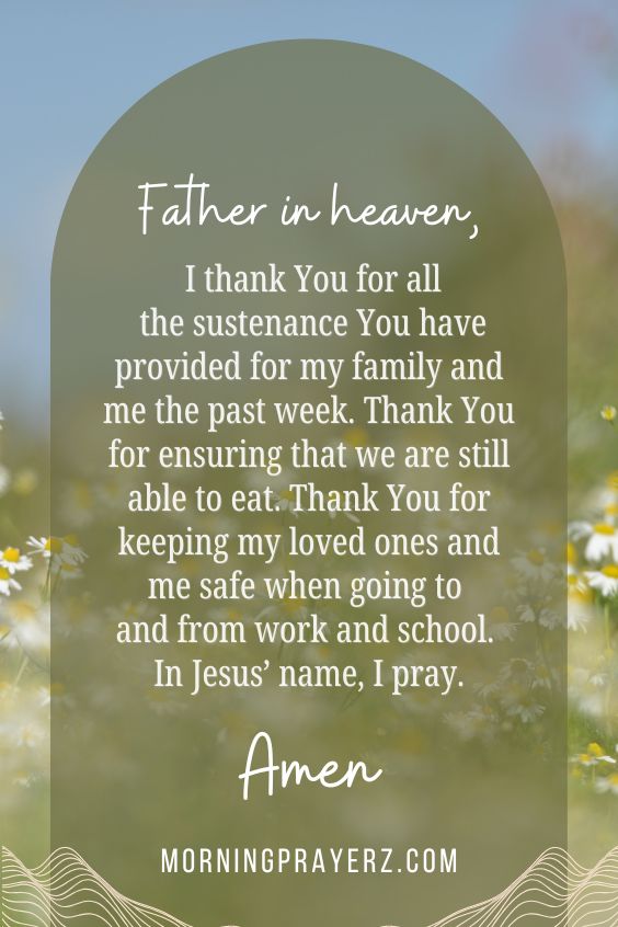 Father in heaven, I thank You for all the sustenance You have provided for my family and me the past week. Thank You for ensuring that we are still able to eat. Thank You for keeping my loved ones and me safe when going to and from work and school. In Jesus’ name, I pray. Amen.