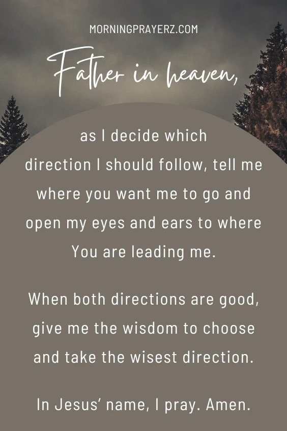 Father in heaven, as I decide which direction I should follow, tell me where you want me to go and open my eyes and ears to where You are leading me. When both directions are good, give me the wisdom to choose and take the wisest direction. In Jesus&rsquo; name, I pray. Amen.