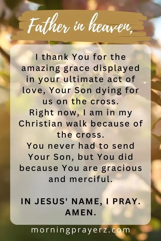 Father in heaven, I thank You for the amazing grace displayed in your ultimate act of love, Your Son dying for us on the cross. Right now, I am in my Christian walk because of the cross. You never had to send Your Son, but You did because You are gracious and merciful. In Jesus' name, I pray. Amen.