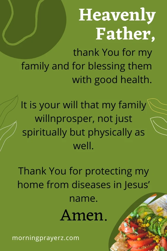 Heavenly Father, thank You for my family and for blessing them with good health. It is your will that my family will prosper, not just spiritually but physically as well. Thank You for protecting my home from diseases in Jesus&rsquo; name. Amen.