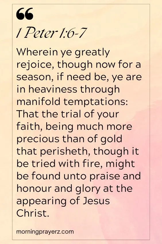 &ldquo;Wherein ye greatly rejoice, though now for a season, if need be, ye are in heaviness through manifold temptations: That the trial of your faith, being much more precious than of gold that perisheth, though it be tried with fire, might be found unto praise and honour and glory at the appearing of Jesus Christ.&rdquo;