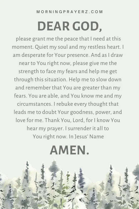 Dear God, please grant me the peace that I need at this moment. Quiet my soul and my restless heart. I am desperate for Your presence. And as I draw near to You right now, please give me the strength to face my fears and help me get through this situation. Help me to slow down and remember that You are greater than my fears. You are able, and You know me and my circumstances. I rebuke every thought that leads me to doubt Your goodness, power, and love for me. Thank You, Lord, for I know You hear my prayer. I surrender it all to You right now. In Jesus' Name, amen.