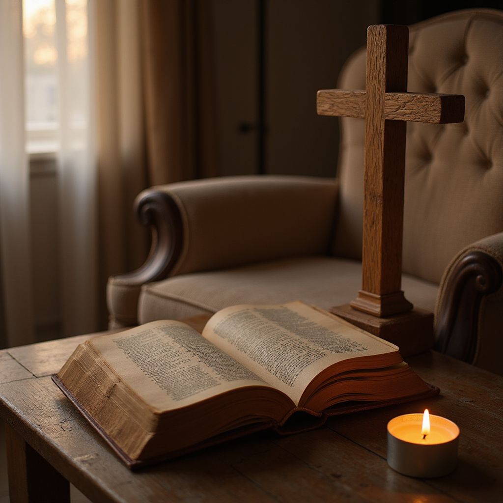 A cozy living room features a prayer nook and open Bible.