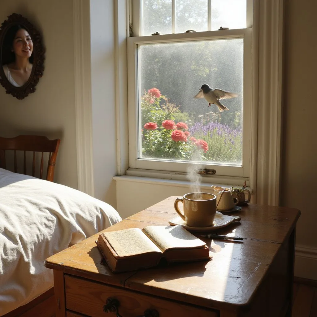 A serene woman contemplates in a bright, inviting bedroom. A serene woman contemplates in a bright, inviting bedroom.