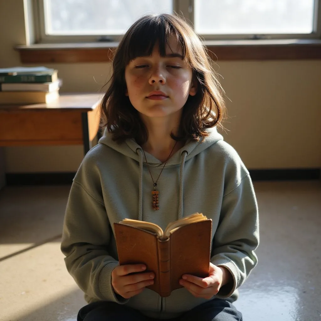 A middle school girl kneels, deep in prayer with a rosary.