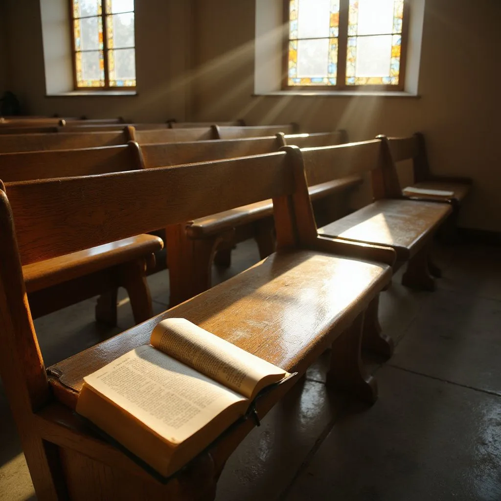 A serene school chapel interior with polished pews and open prayer books.
