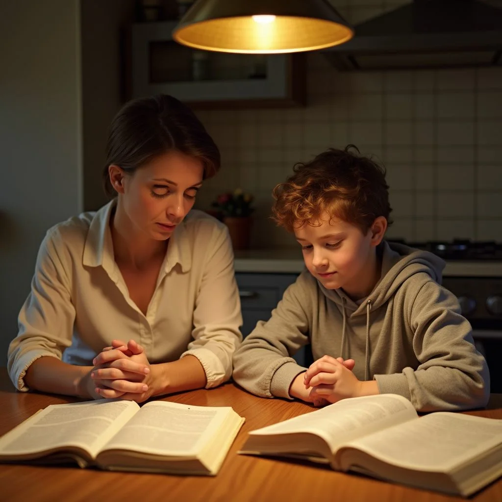 A mother and teenager kneel together in prayer at a kitchen table.
