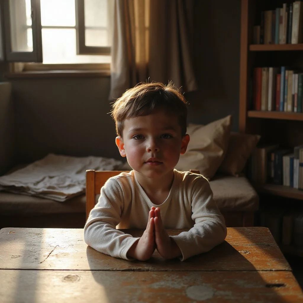 A child in prayer prepares for an important test in their room.