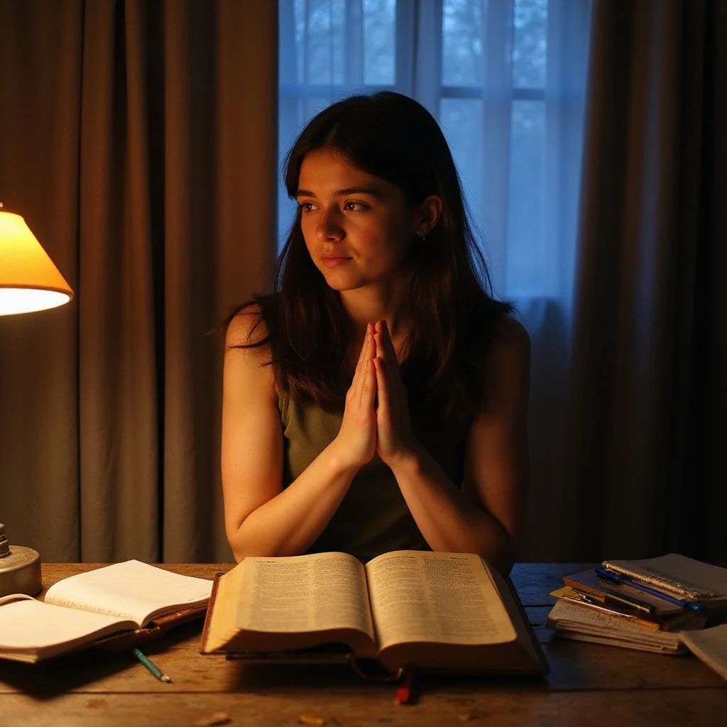 A teenage girl prays at her cluttered desk with an open Bible. A teenage girl prays at her cluttered desk with an open Bible.
