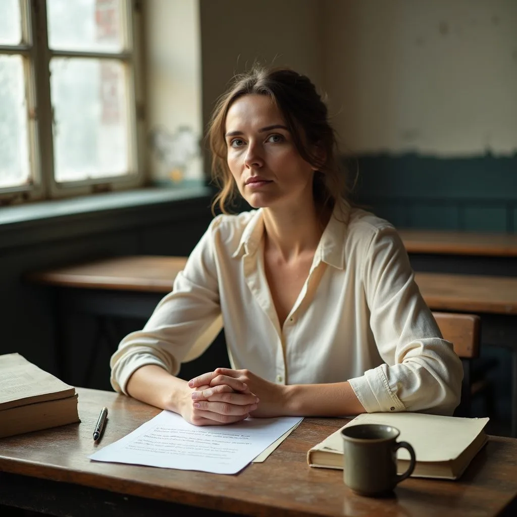 A determined woman thoughtfully prepares for final exams at a desk.