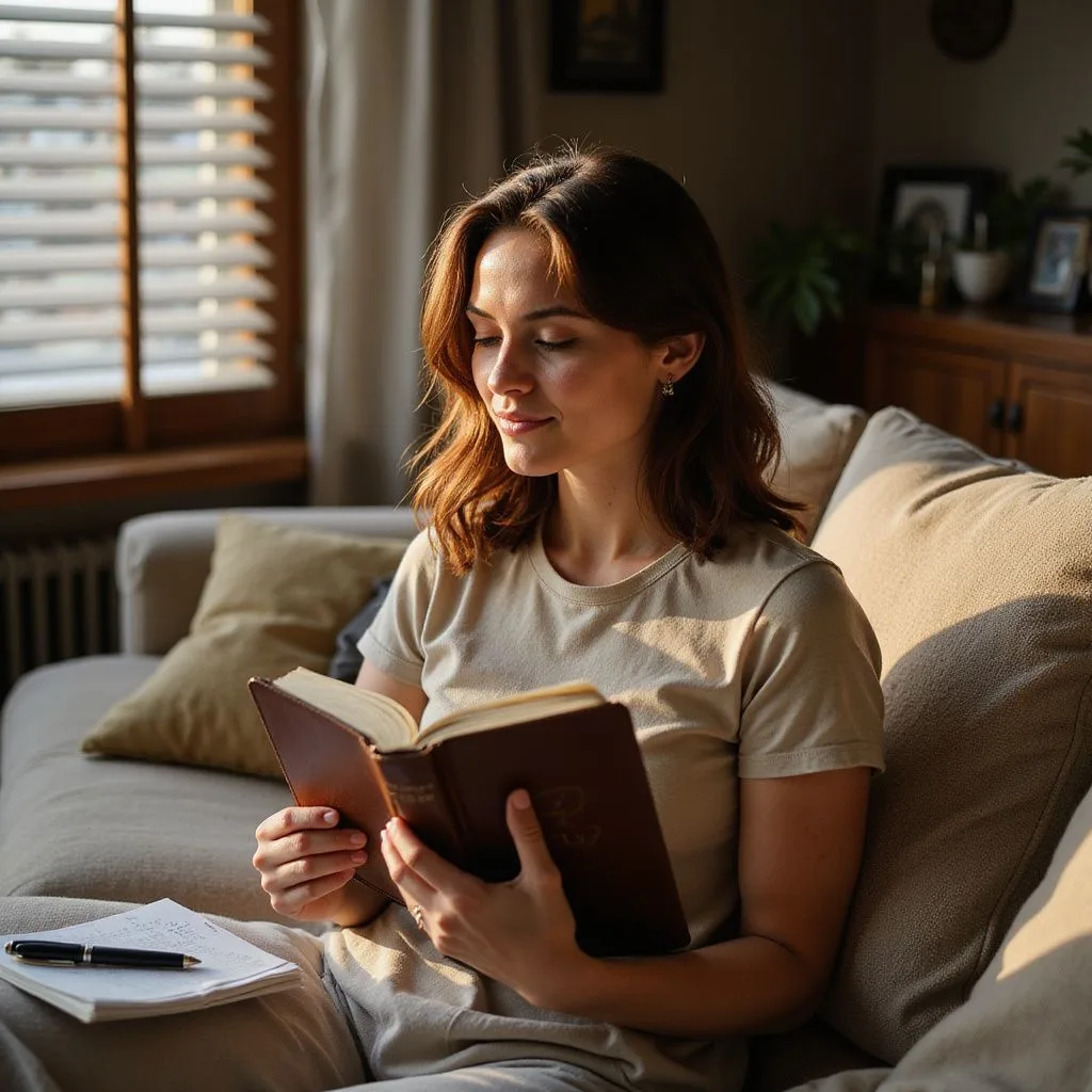 A woman peacefully contemplates while holding a leather-bound Bible. A woman peacefully contemplates while holding a leather-bound Bible.