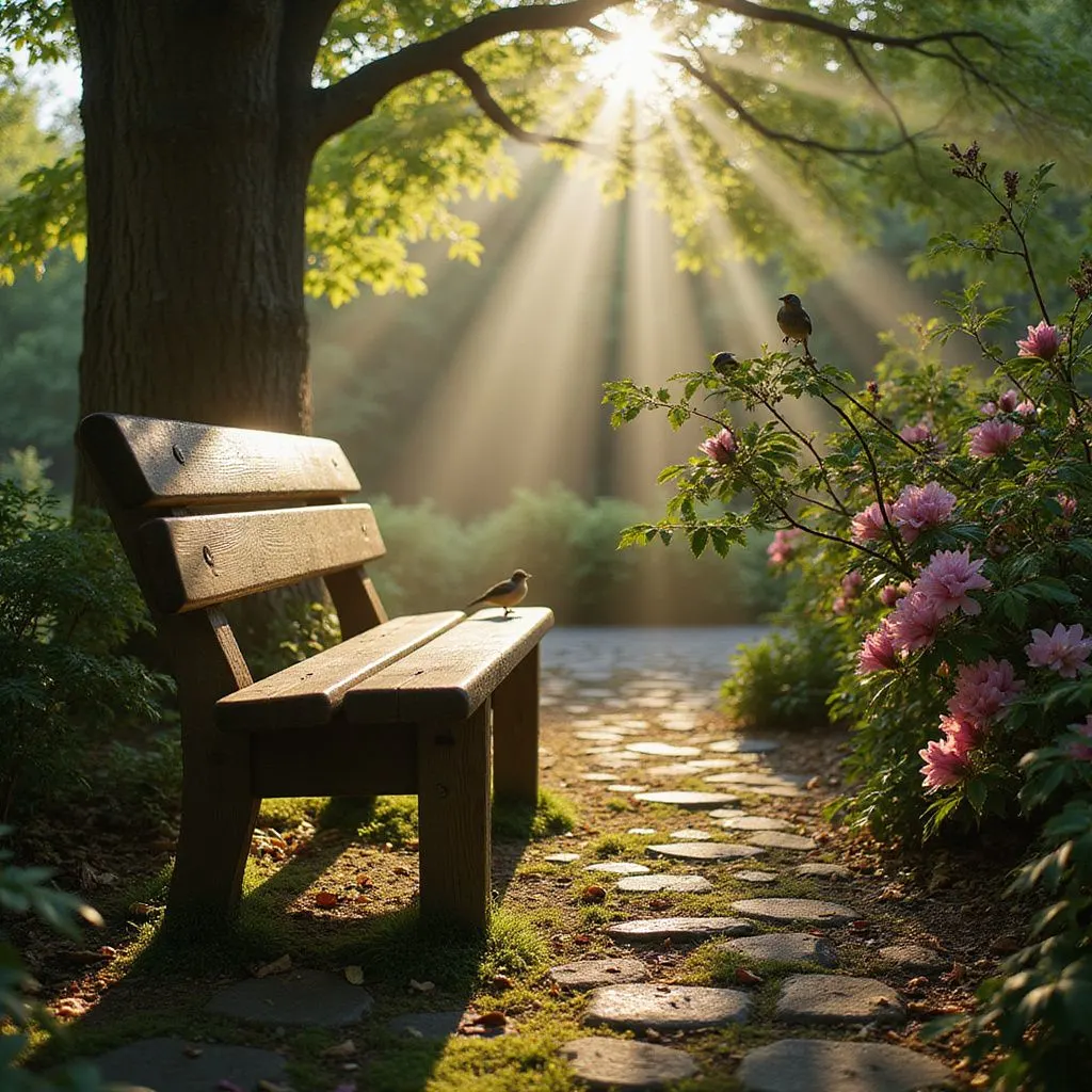 A serene garden scene with a weathered bench and blooming flowers.