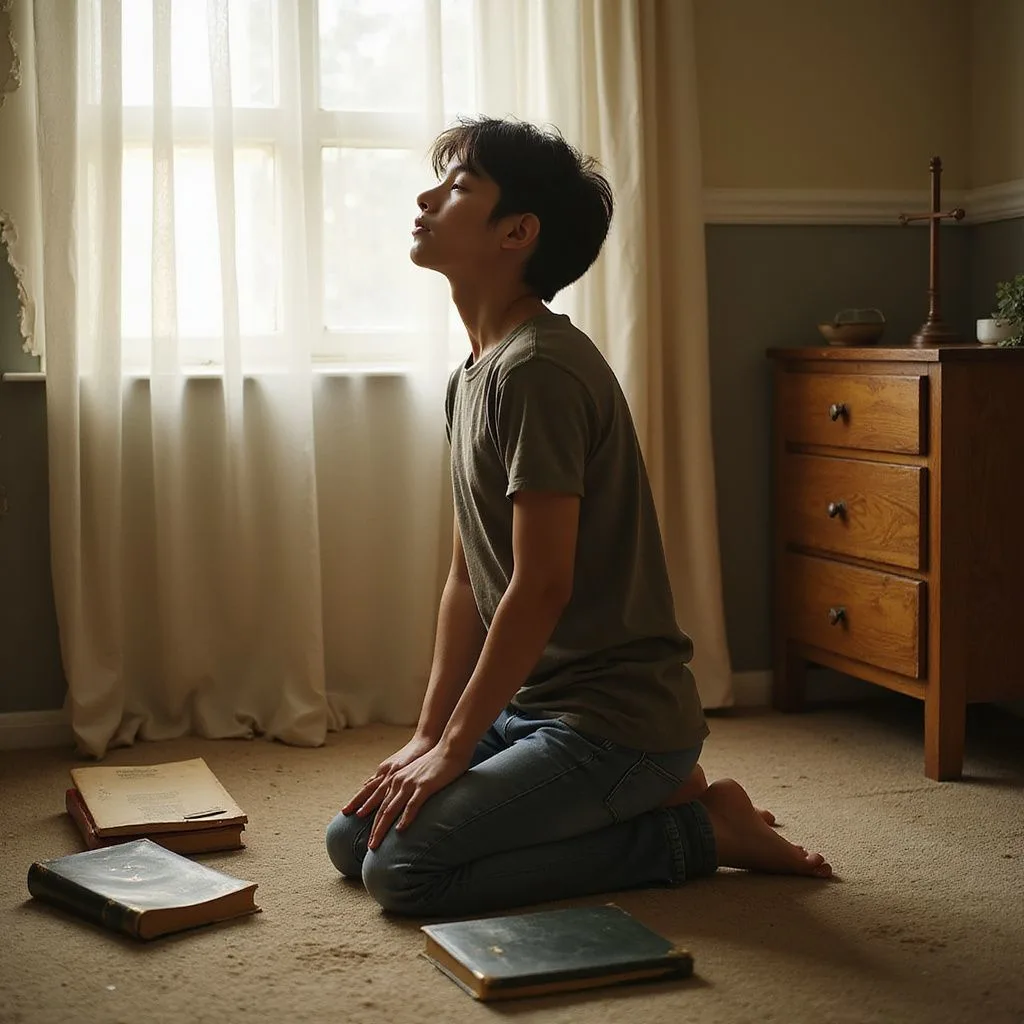 A student kneels in prayer amidst scattered textbooks in a bedroom.