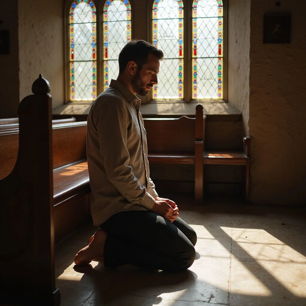 A person kneels in prayer on a wooden pew in church.