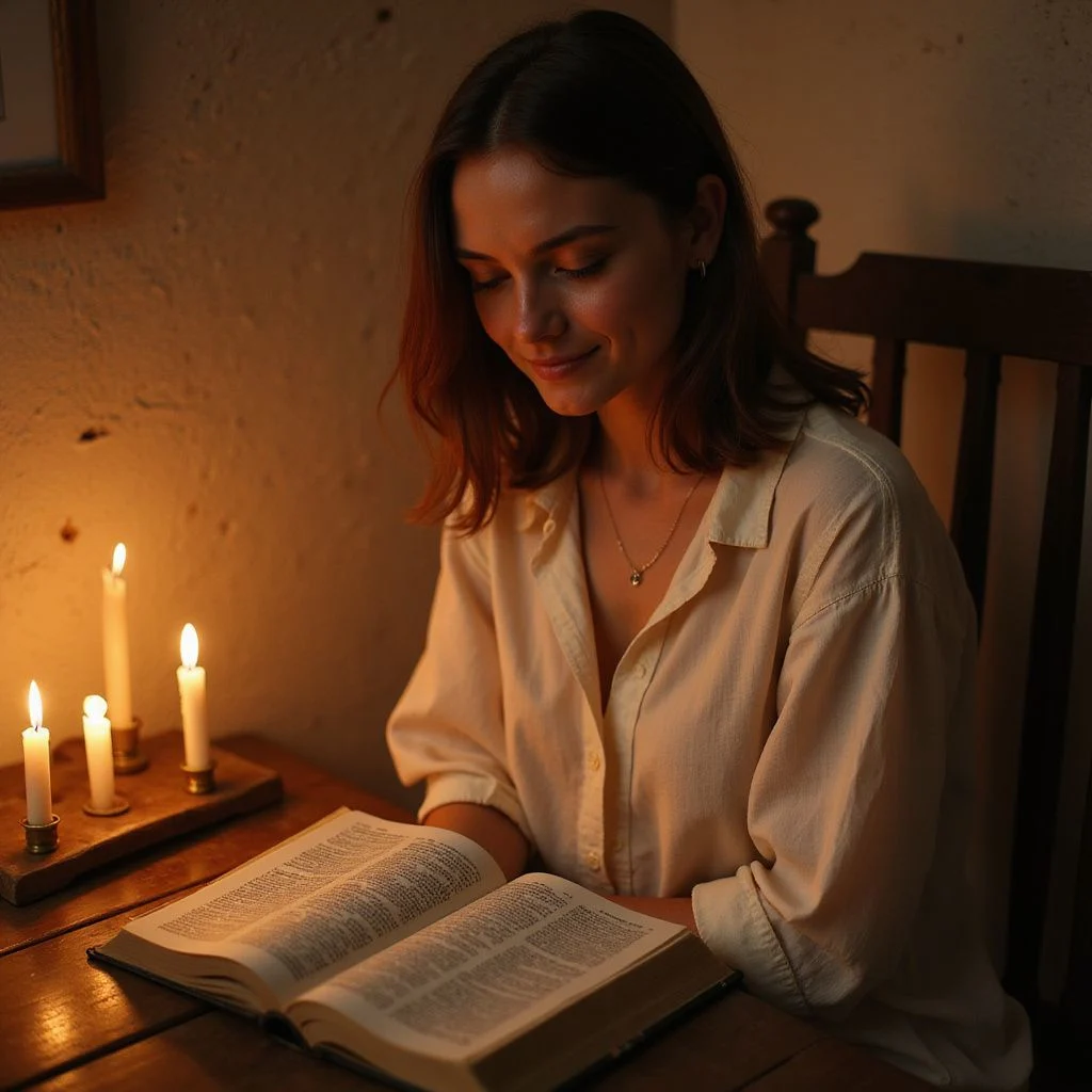 A woman peacefully reflects while seated with an open Bible.