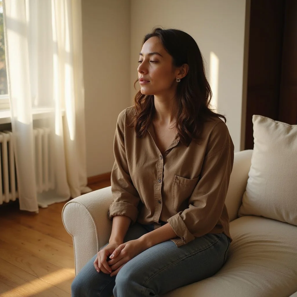 A serene woman sits thoughtfully on a plush cream sofa.