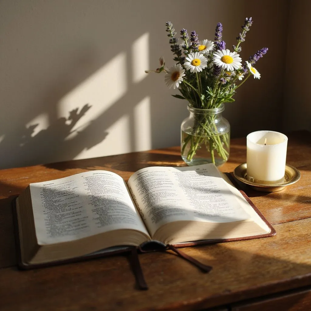 An open Bible rests on an oak desk beside flowers and a candle. An open Bible rests on an oak desk beside flowers and a candle.