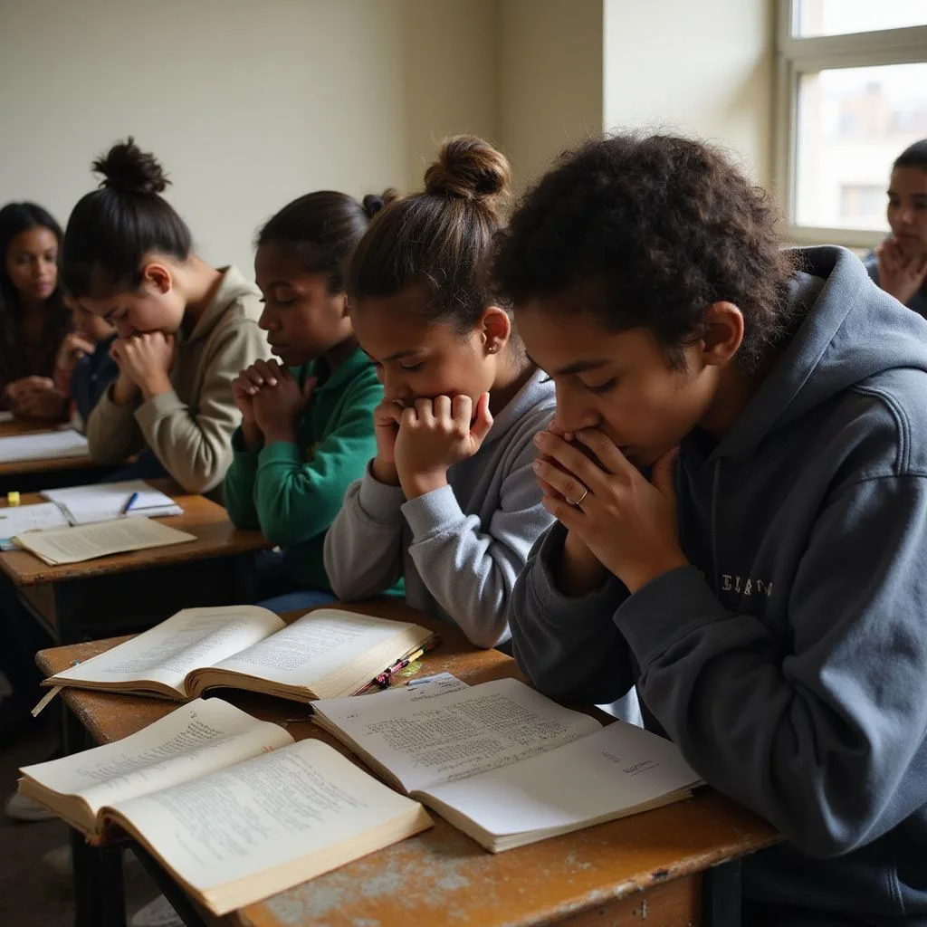 A diverse group of high school students prays quietly in class.