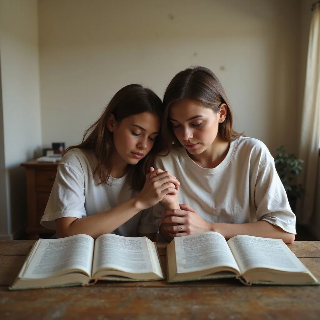 A mother and daughter share a serene moment in prayer together. A mother and daughter share a serene moment in prayer together.