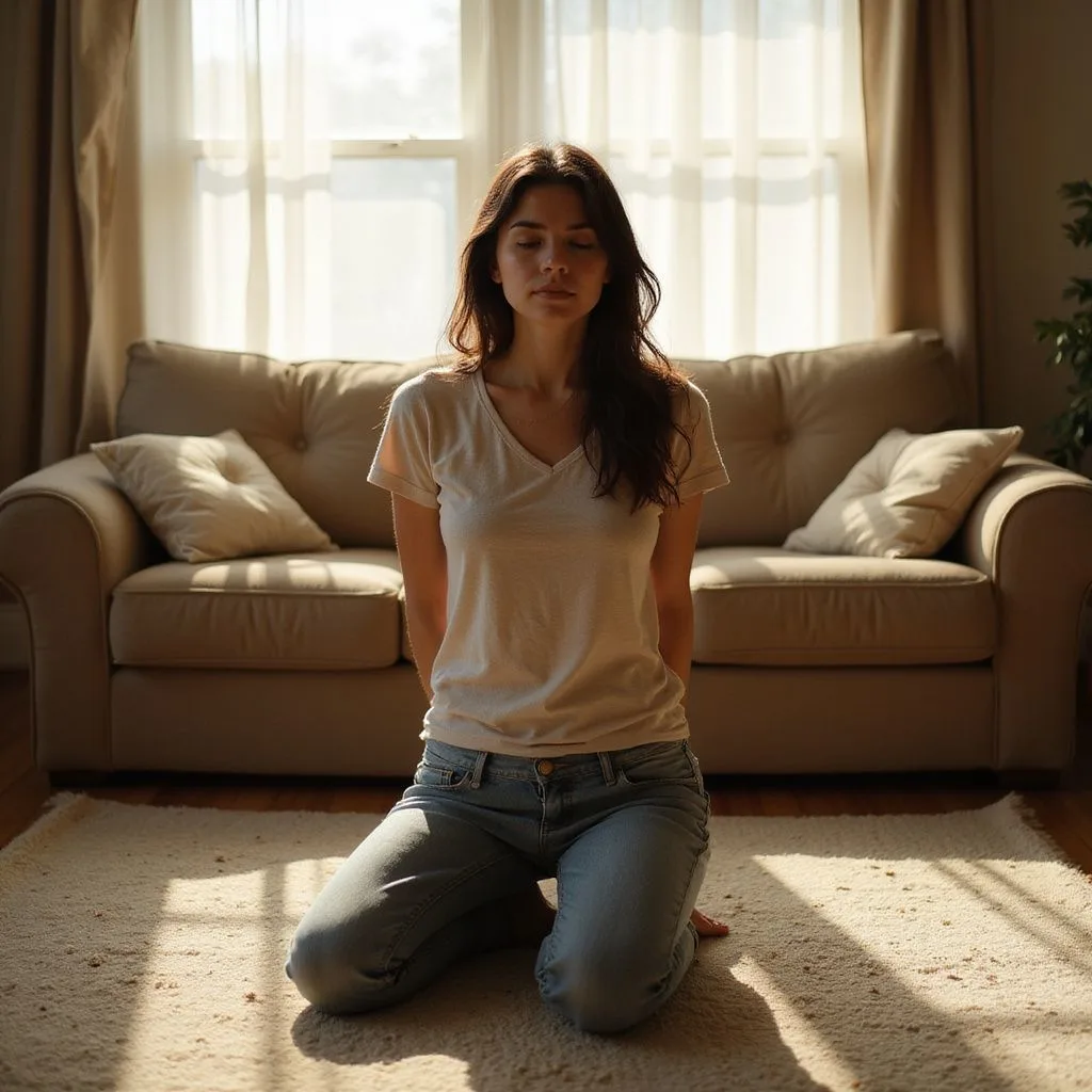A mother kneels in prayer on a cozy living room rug.