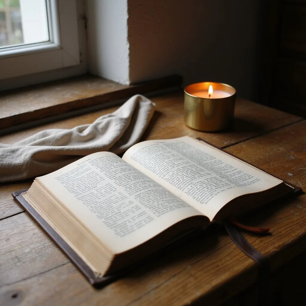 A cozy study nook with an oak desk, open book, and candle.