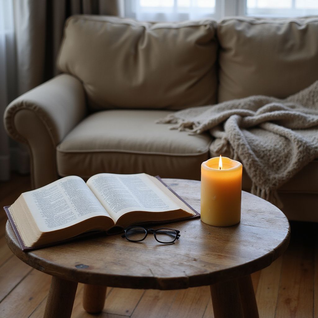 A beeswax candle and an open Bible rest on a worn table.