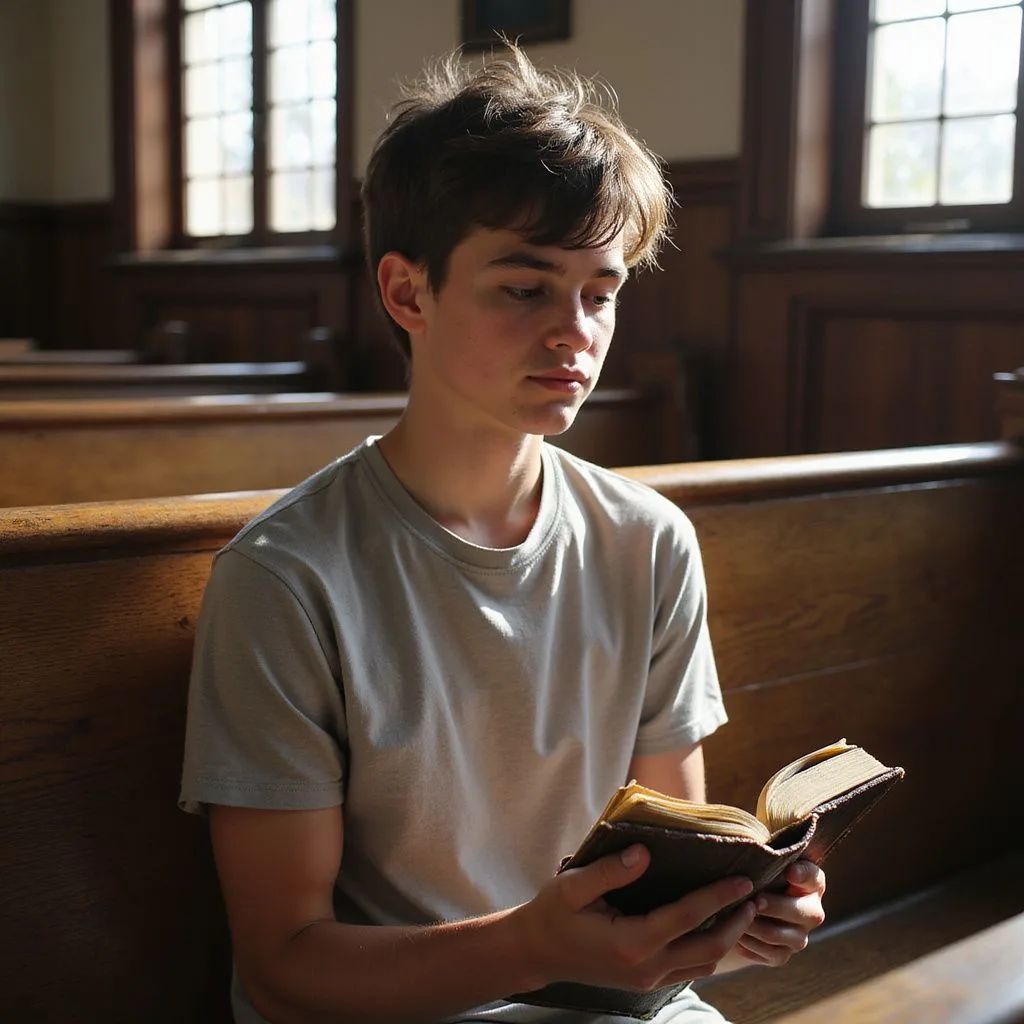 A serene teenager reflects while seated with a well-worn Bible.