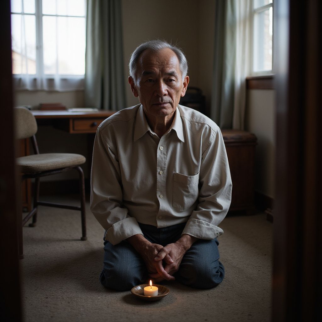 A middle-aged individual kneels in a quiet, modest office space.