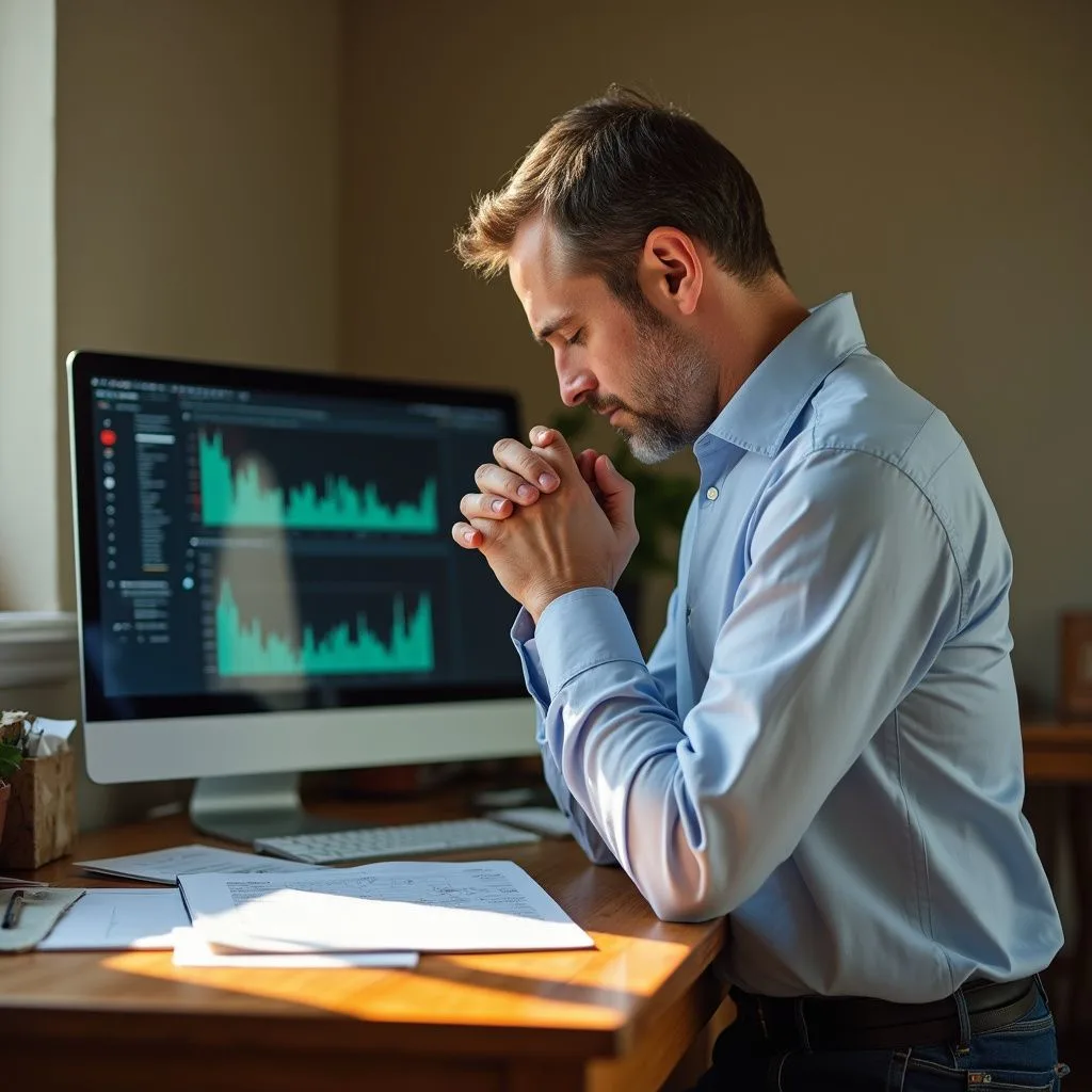 A man kneels in prayer at a polished oak desk. A man kneels in prayer at a polished oak desk.