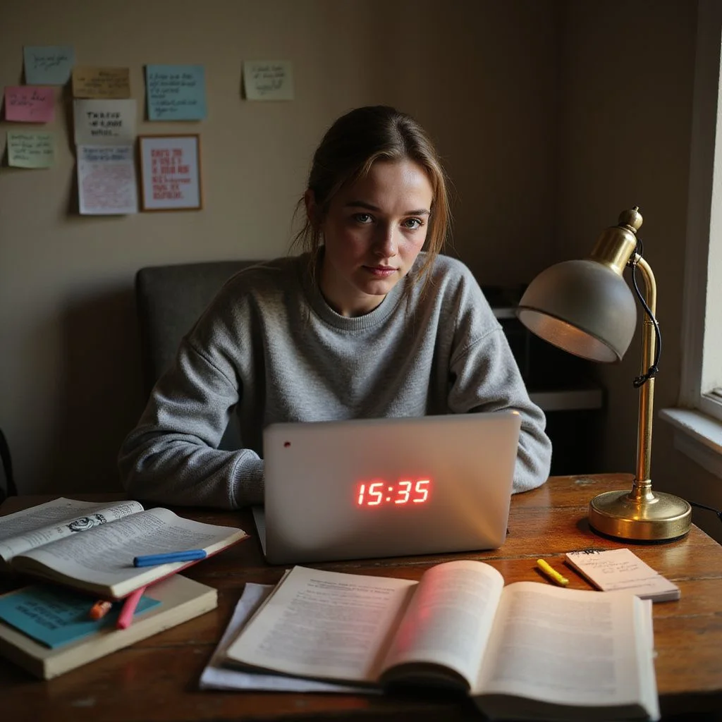 A young woman studies intently at a cluttered wooden desk.