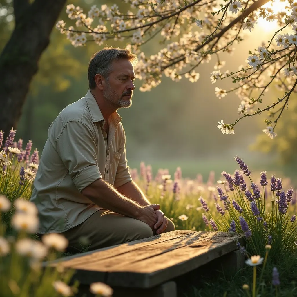 A man kneels in a peaceful garden, deep in prayer.