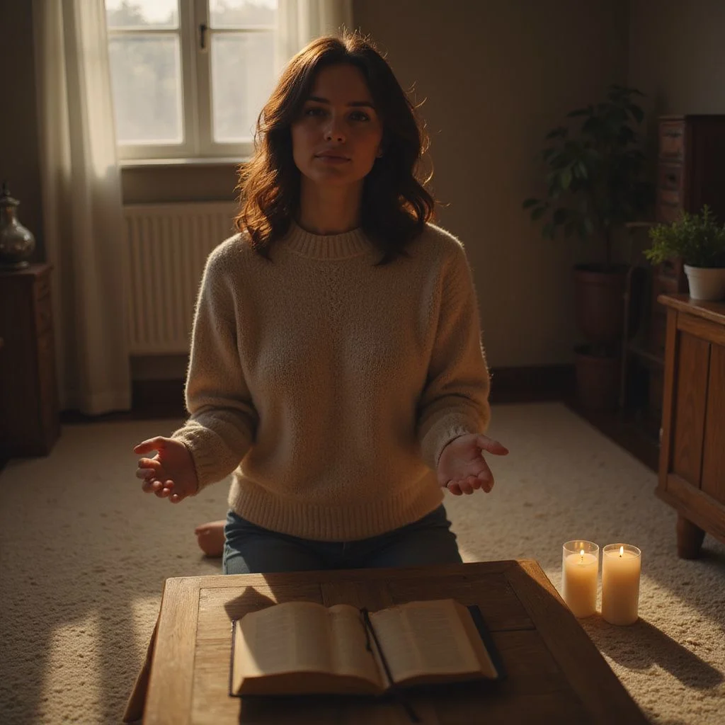 A contemplative woman kneels in prayer beside a well-worn Bible.