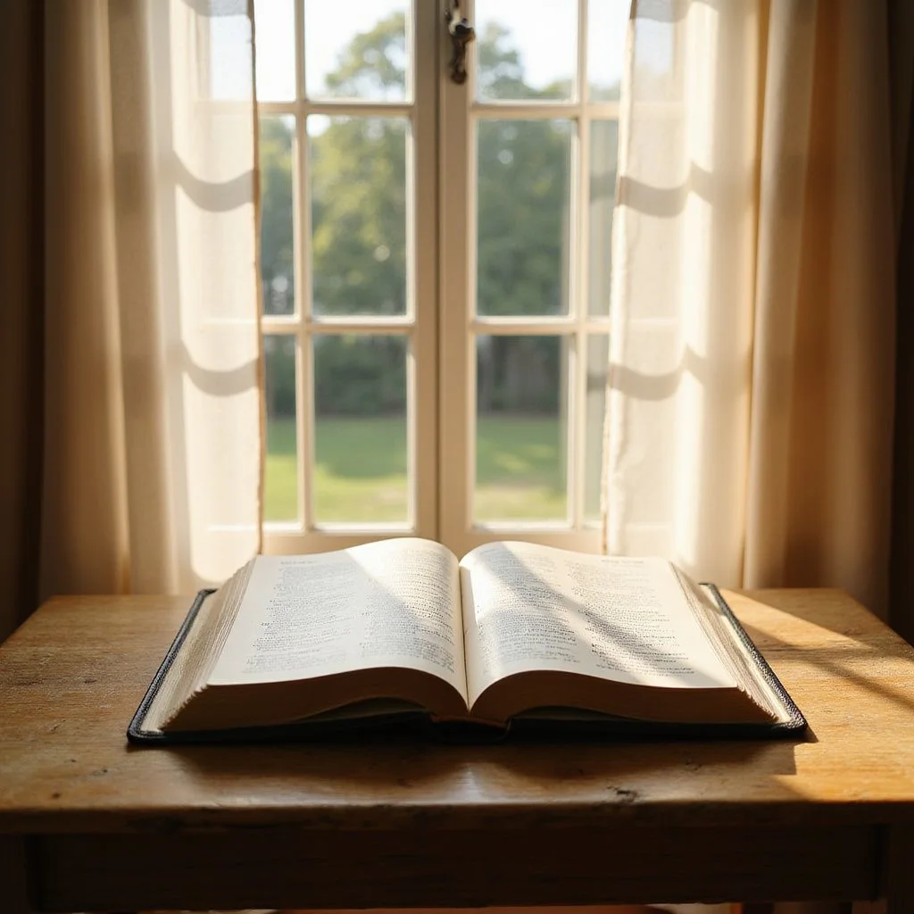 A wooden prayer bench holds an open Bible, inviting contemplation.