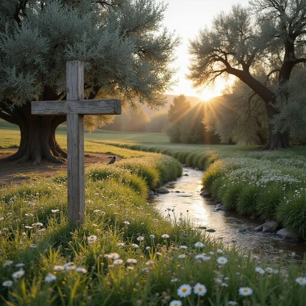 A weathered wooden cross surrounded by wildflowers and olive trees at dawn.