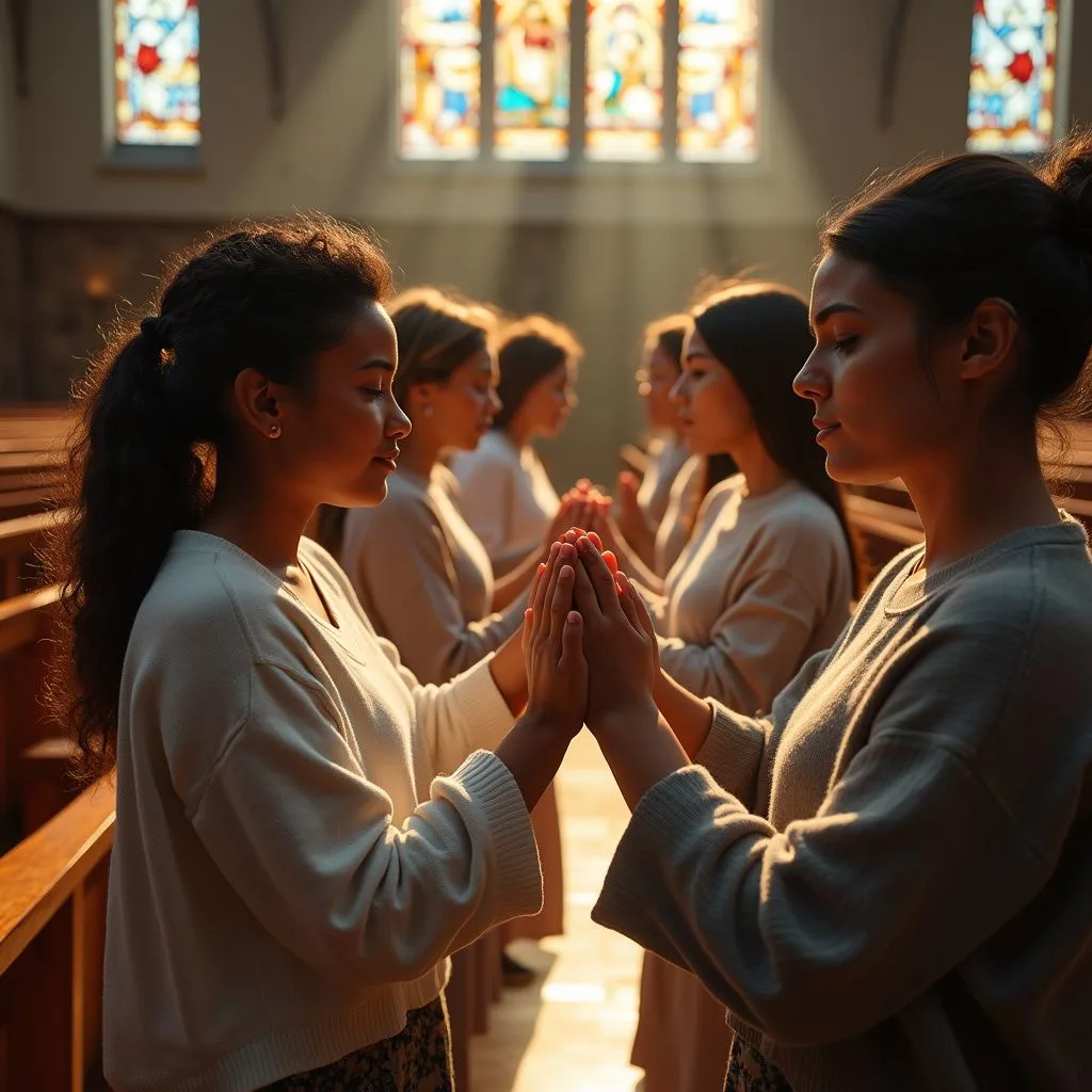 A diverse group of church members engaged in communal prayer.