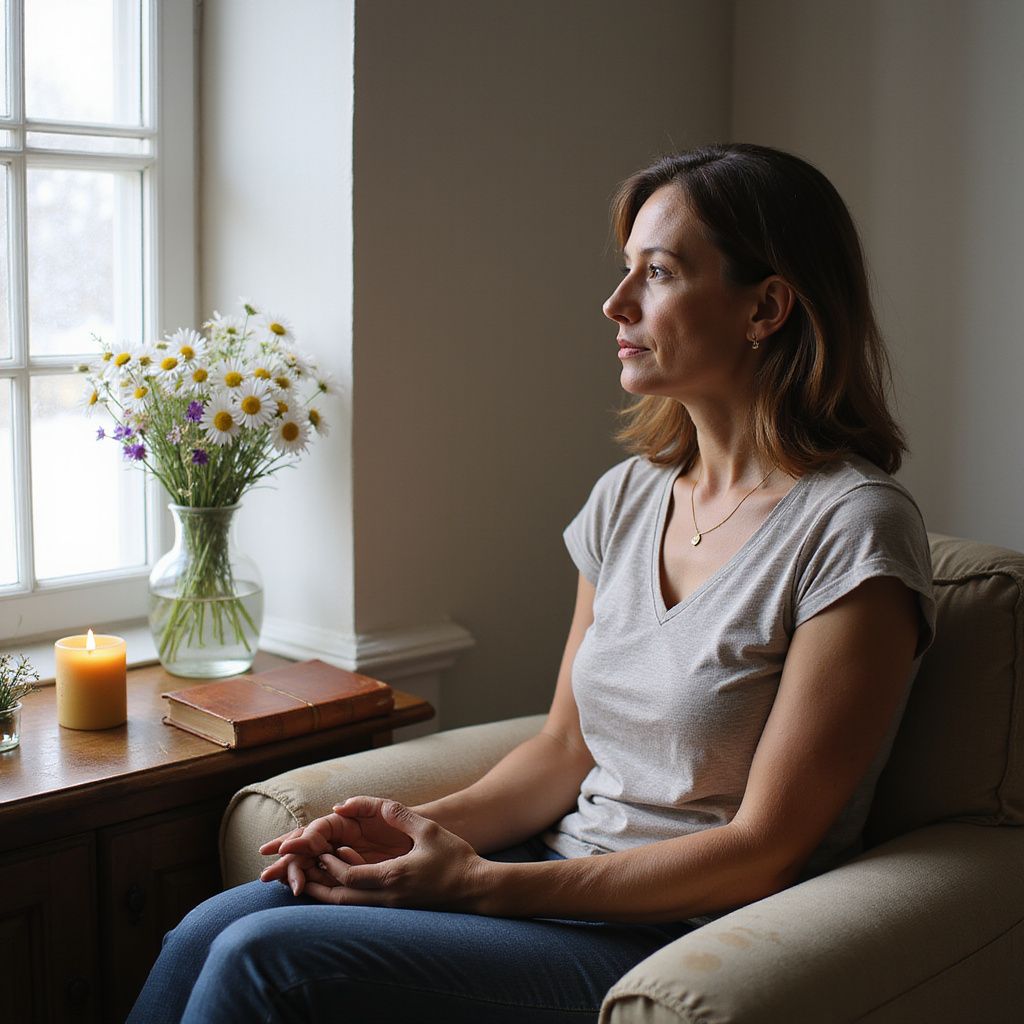 A woman sits in a cozy prayer nook, reflecting peacefully.
