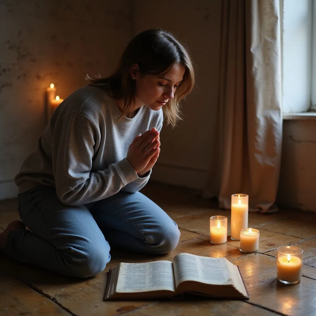 A woman kneels in prayer beside an open Bible and candles.