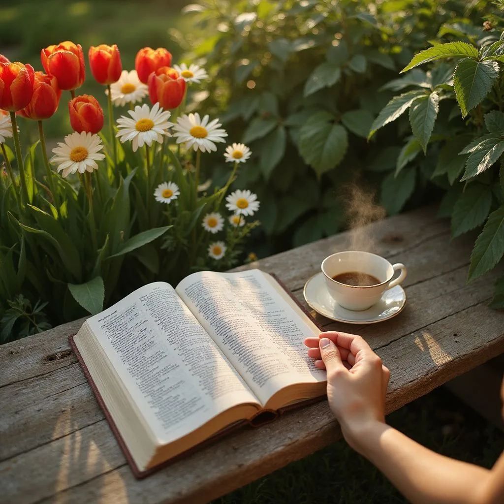 A serene garden scene featuring flowers, a Bible, and coffee.