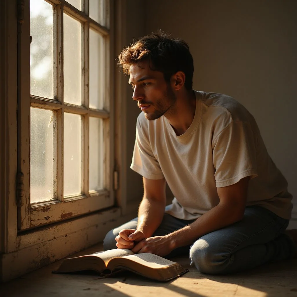 A person kneels in prayer on a worn wooden floor.