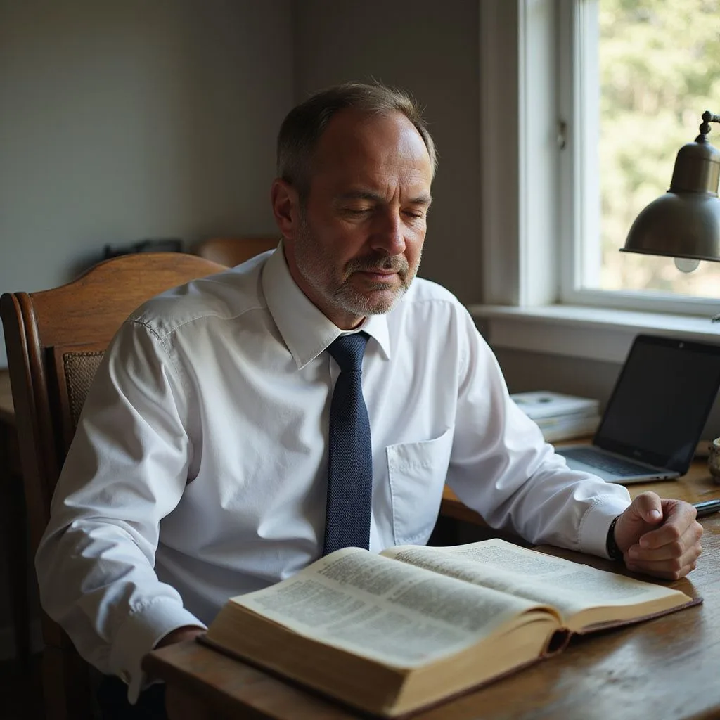 A man prays earnestly at his home office desk with a Bible.