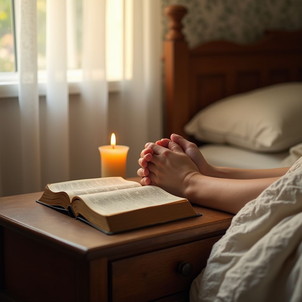 A serene bedroom scene with prayer hands and an open Bible.
