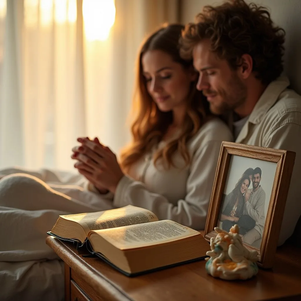 A cozy couple's bedroom featuring meaningful personal items and intimacy.