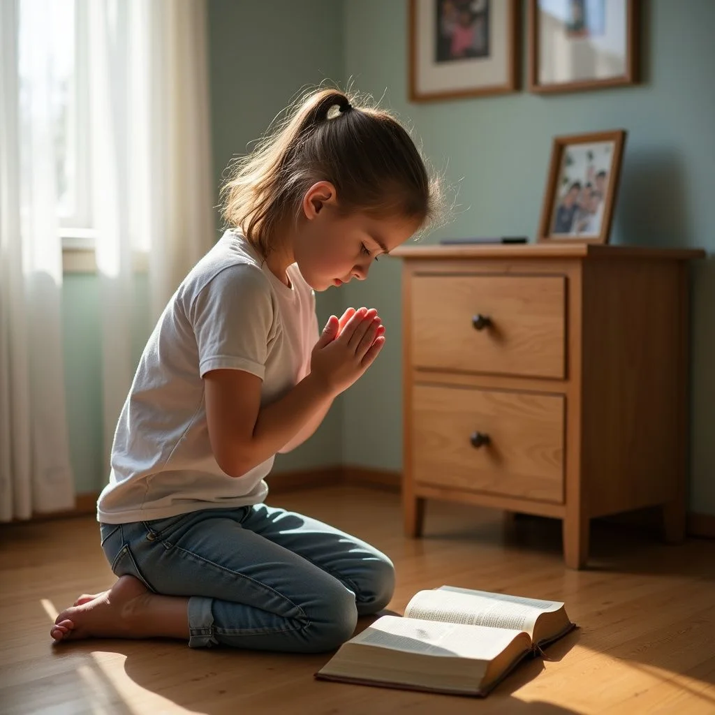 A girl kneels in prayer beside an open Bible in her room.