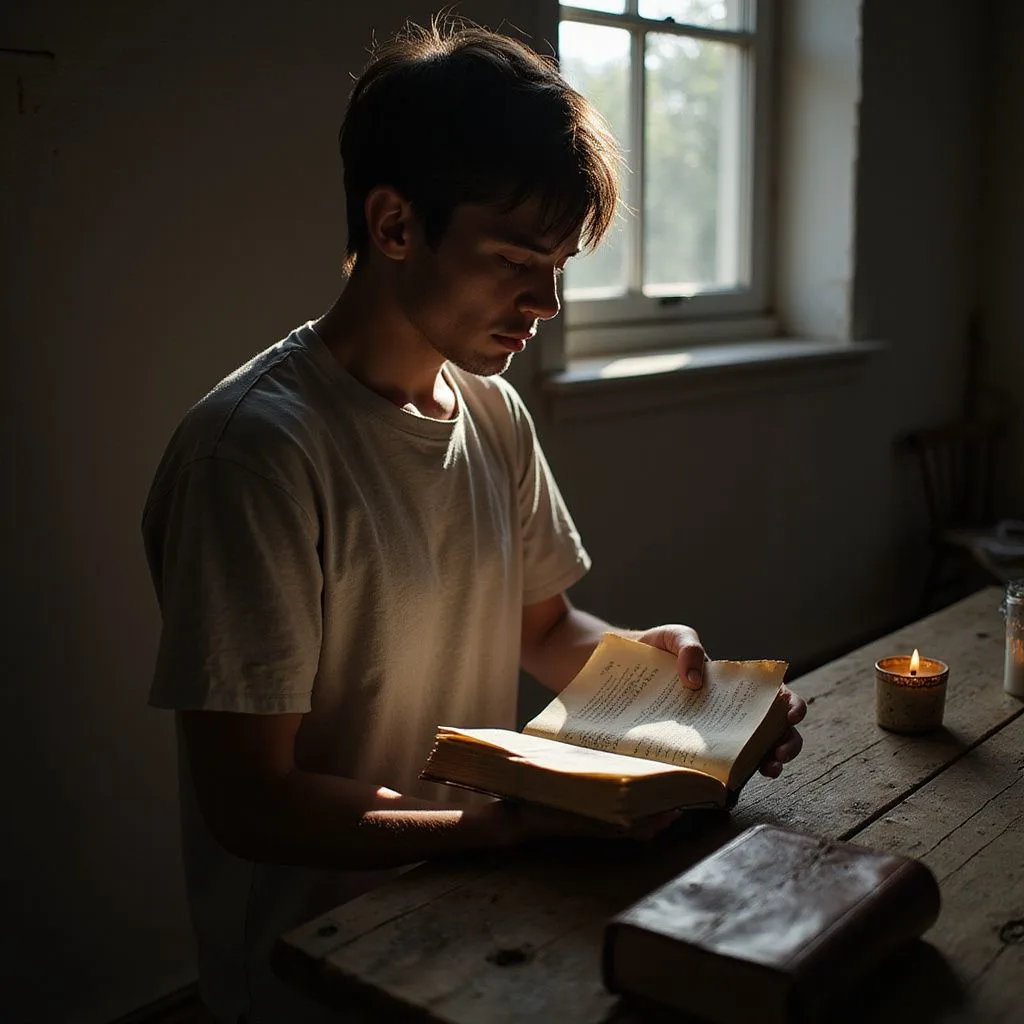A person meditates with a handwritten list in a serene room.