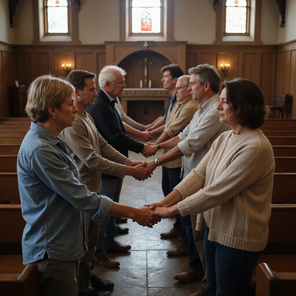 A diverse group of adults holds hands in quiet reflection at church. A diverse group of adults holds hands in quiet reflection at church.