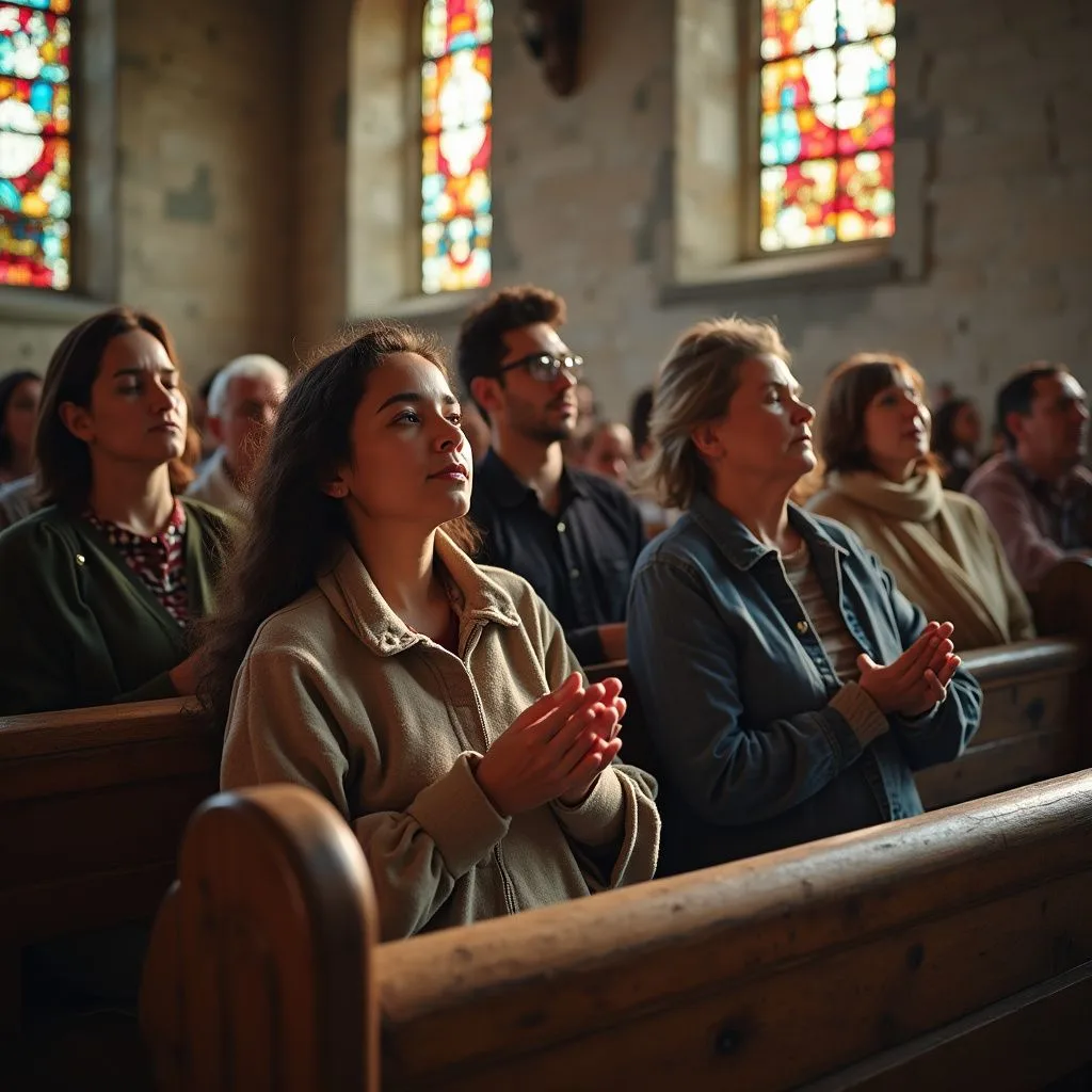 A diverse group of worshippers gathers in prayer inside an old church.